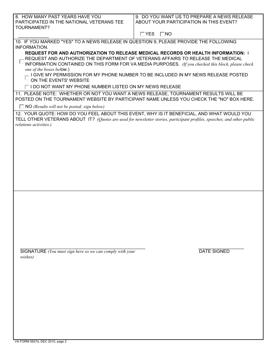 VA Form 0927d Media and News Release Questionnaire, Page 2