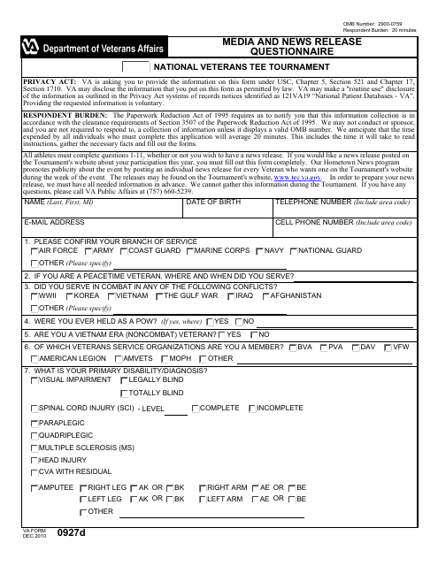 VA Form 0927d Media and News Release Questionnaire