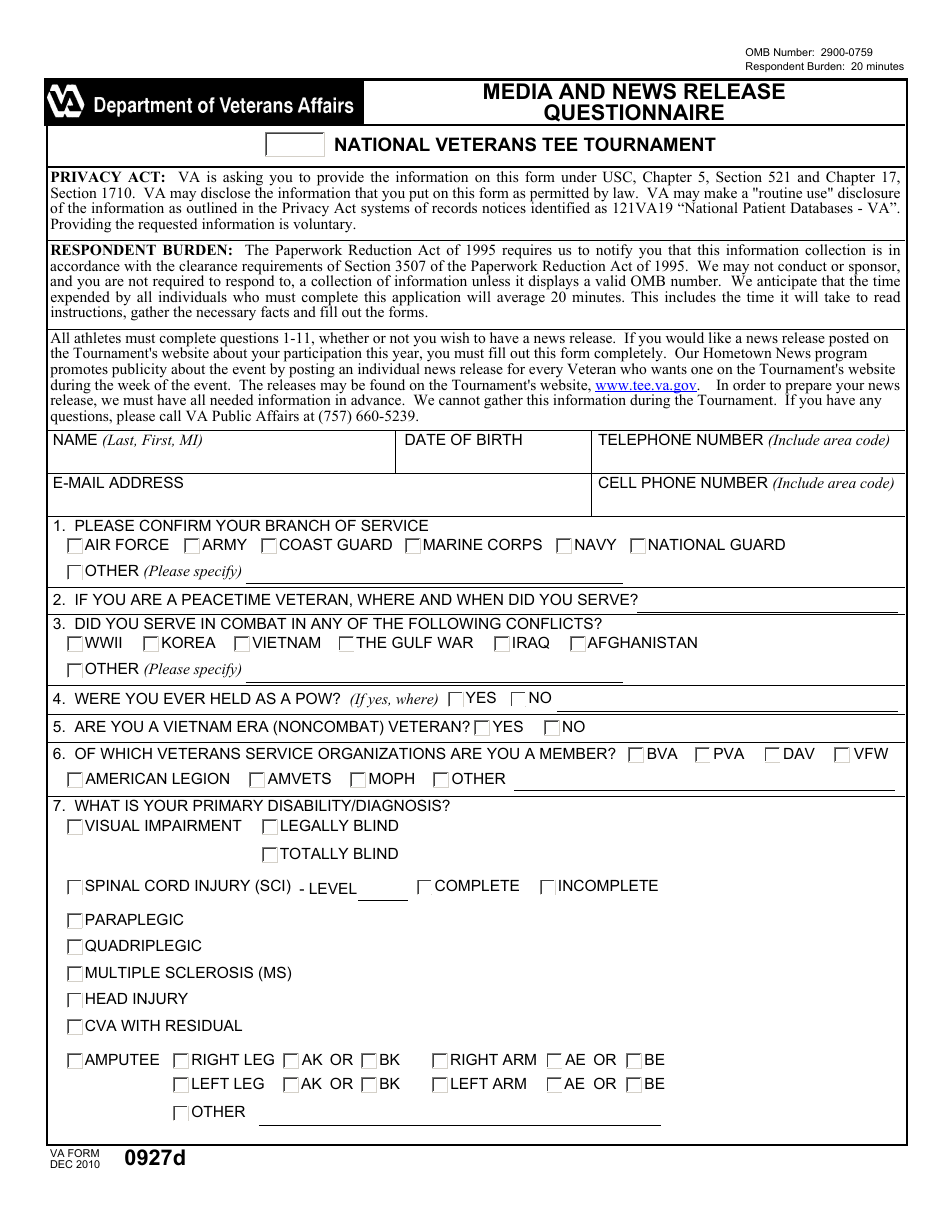 VA Form 0927d - Fill Out, Sign Online and Download Fillable PDF ...