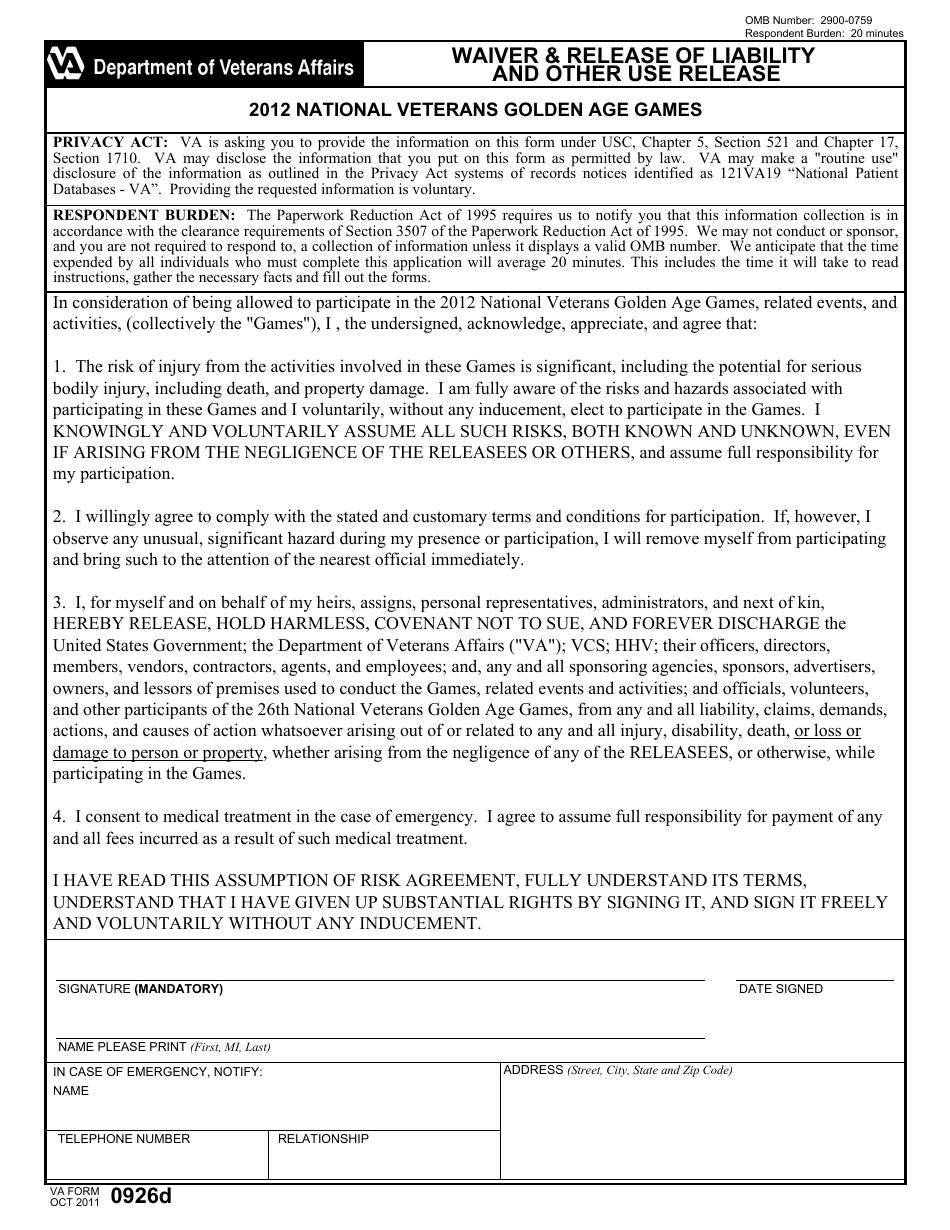 VA Form 0926d Waiver  Release of Liability and Other Use Release, Page 1