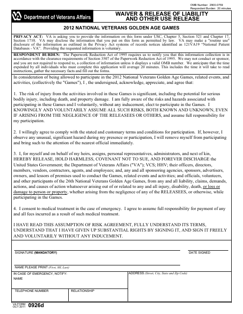 VA Form 0926d Waiver & Release of Liability and Other Use Release