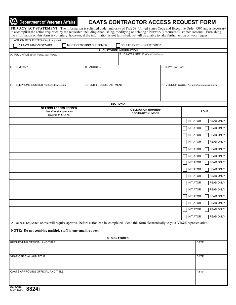 VA Form 8824i Caats Contractor Access Request Form, Page 1