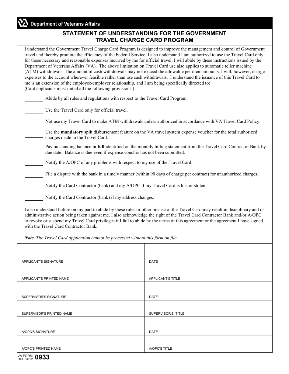VA Form 0933 Statement of Understanding for the Government Travel Charge Card Program, Page 1