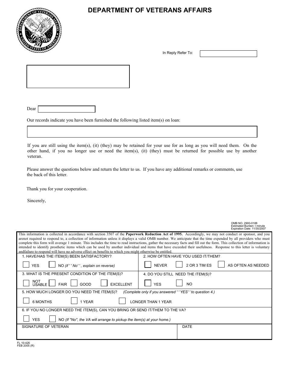 VA Form FL10-426 Temporary Loan Follow-Up Letter, Page 1