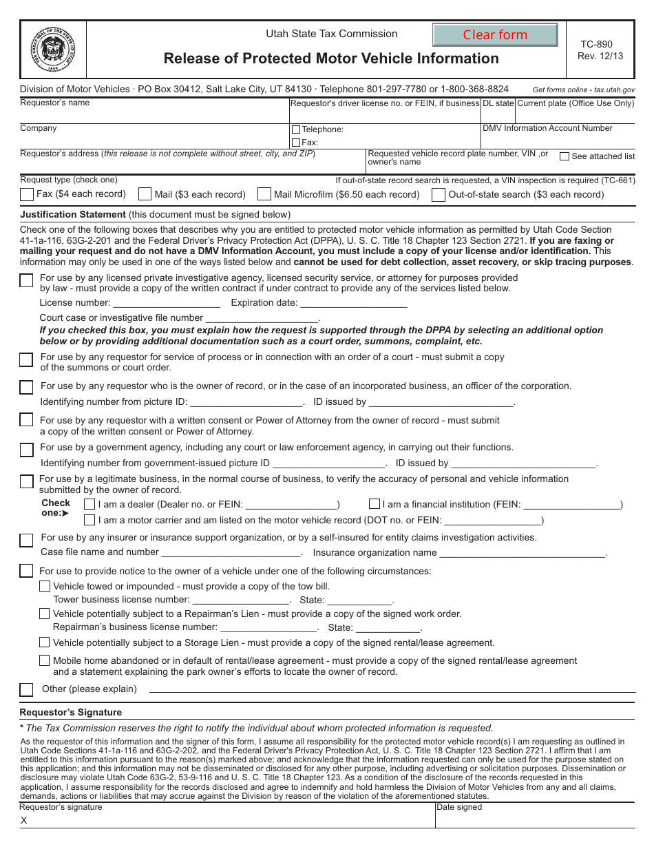 Form TC-890 Release of Protected Motor Vehicle Information - Utah, Page 1