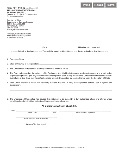Form NFP113.45 Application for Withdrawal and Final Report - Illinois