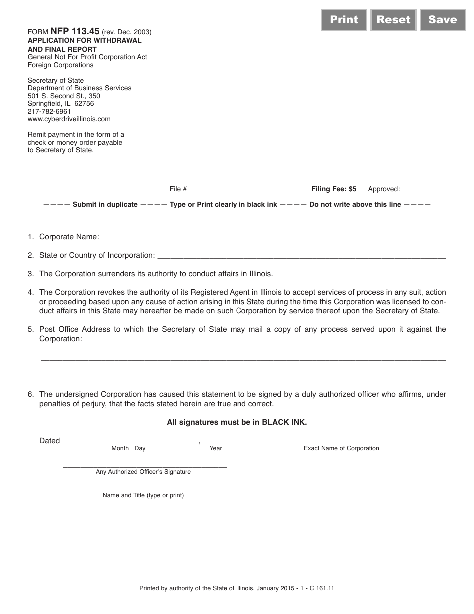 Form NFP113.45 Application for Withdrawal and Final Report - Illinois, Page 1