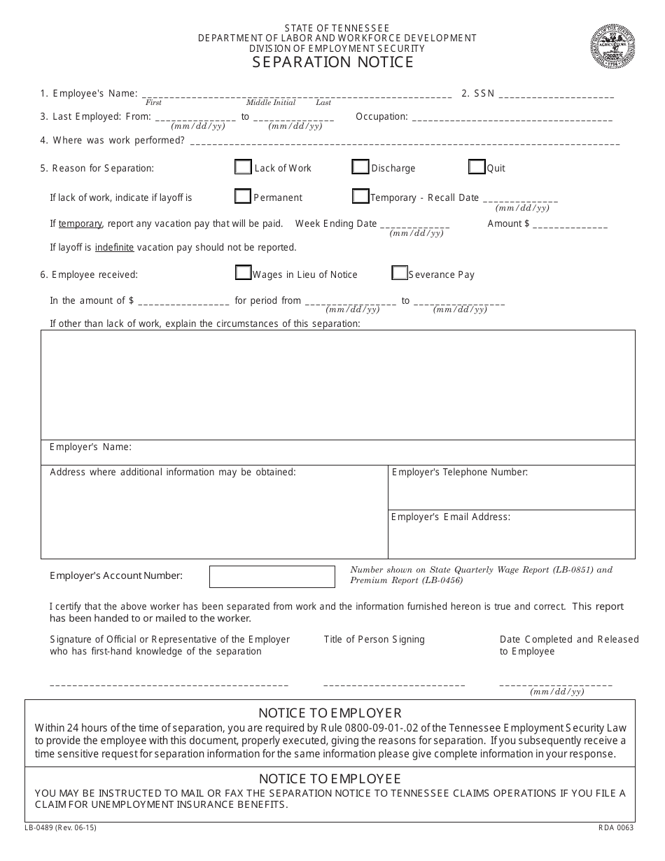Form LB-0489 Separation Notice - Tennessee, Page 1