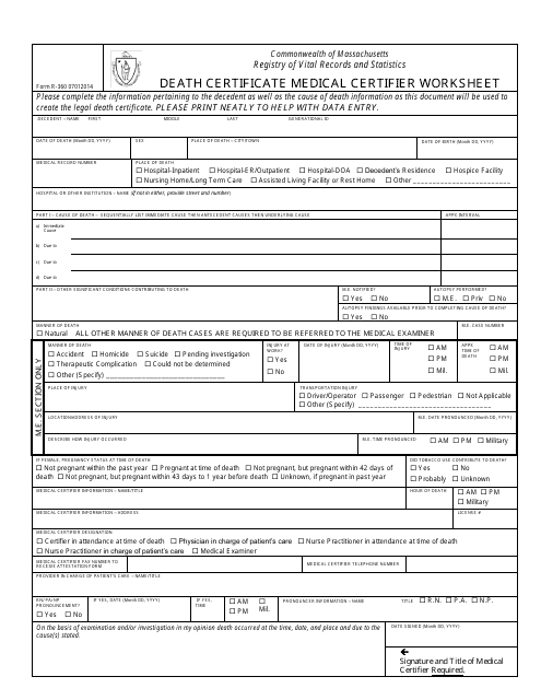 Form R-360 Death Certificate Medical Certifier Worksheet - Massachusetts