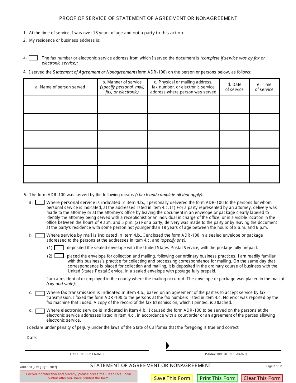 Form ADR-100 Statement of Agreement or Nonagreement - California, Page 2