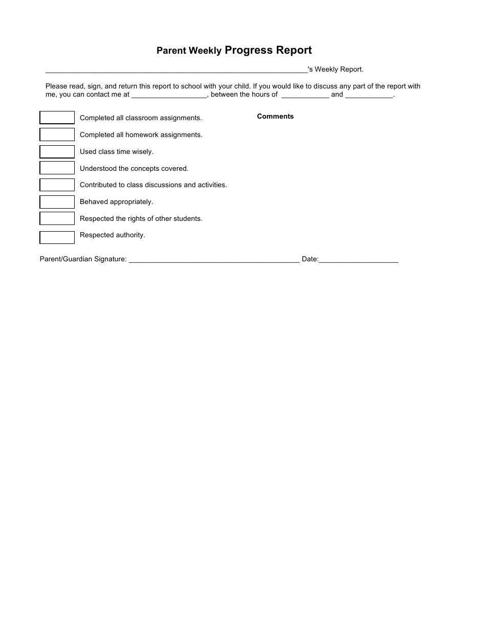 Parent Weekly Progress Report Template, Page 1