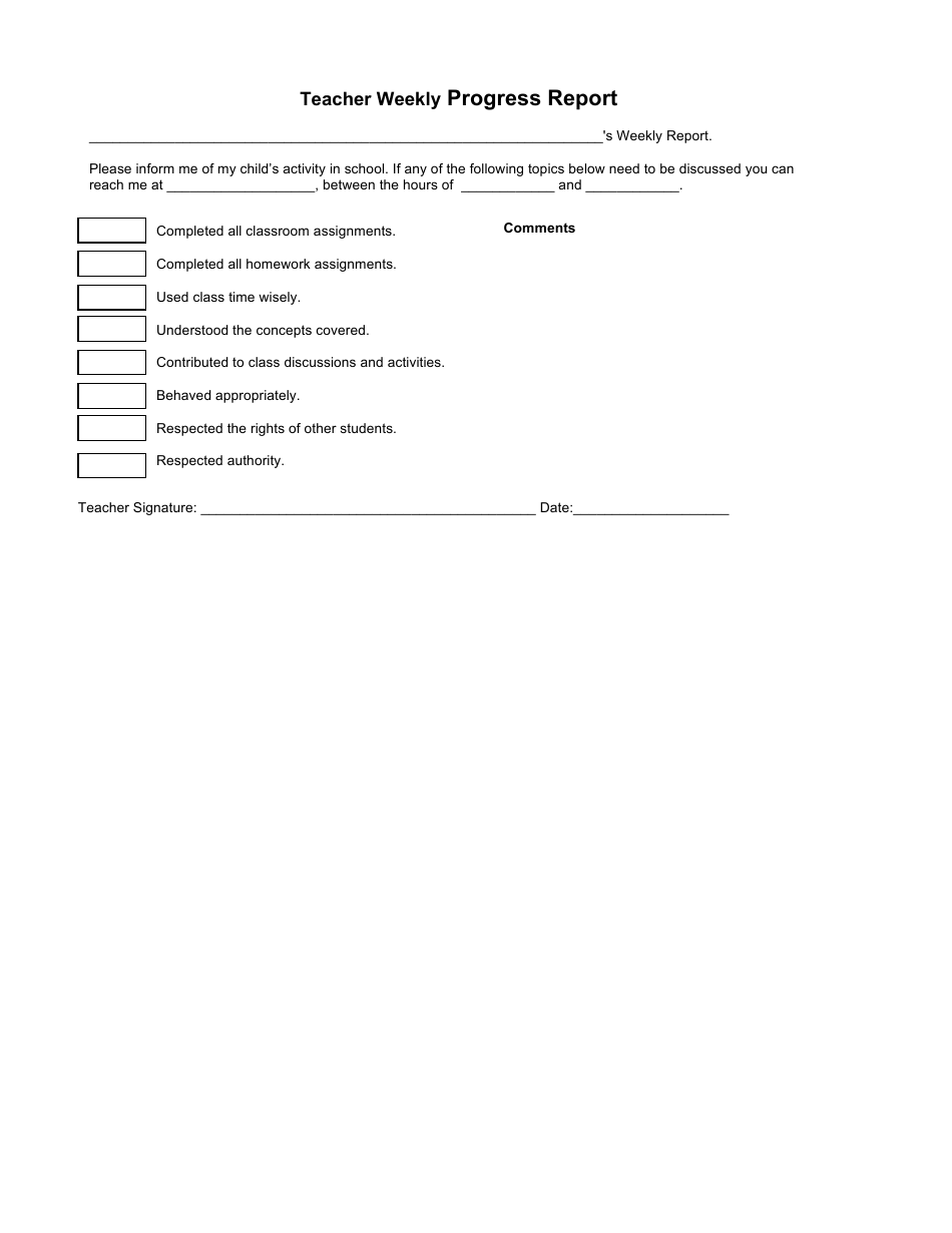 Teacher Weekly Progress Report Template Download Fillable PDF