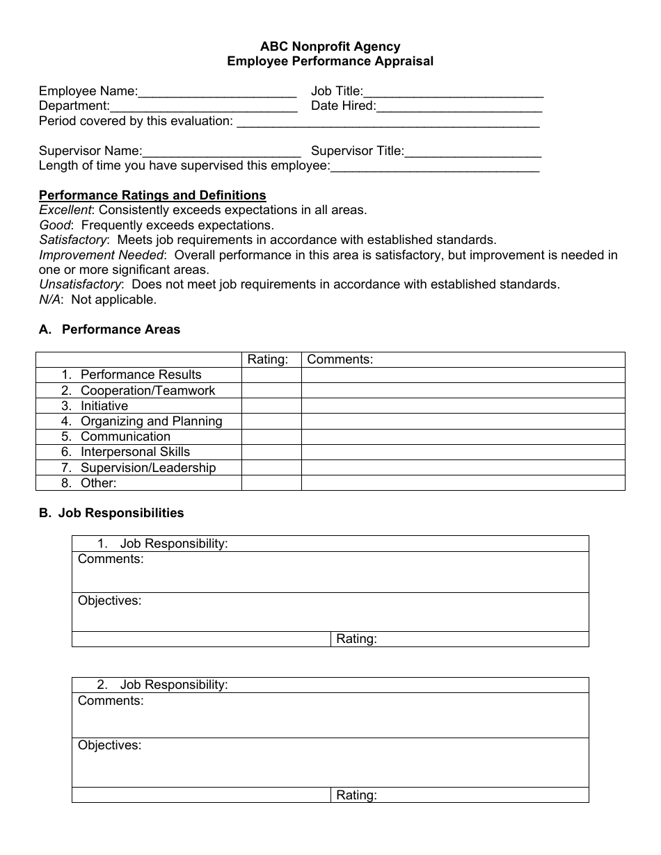 Abc Nonprofit Agency Employee Performance Appraisal Form, Page 1
