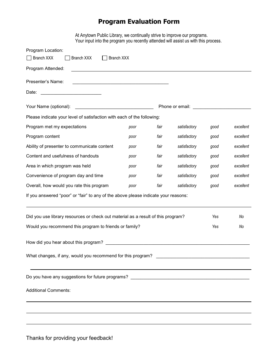 Program Evaluation Form, Page 1
