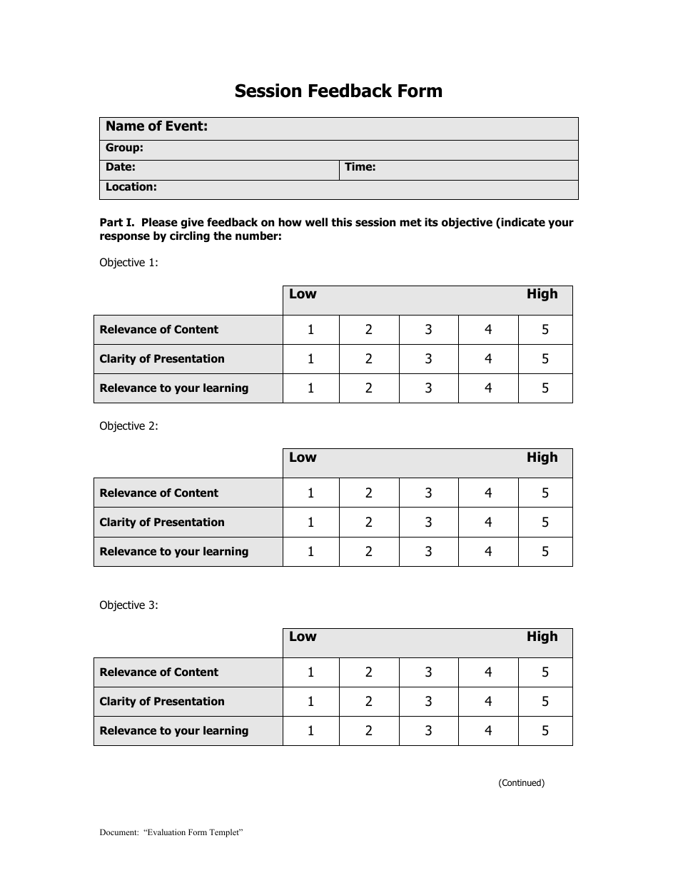 Session Feedback Form, Page 1