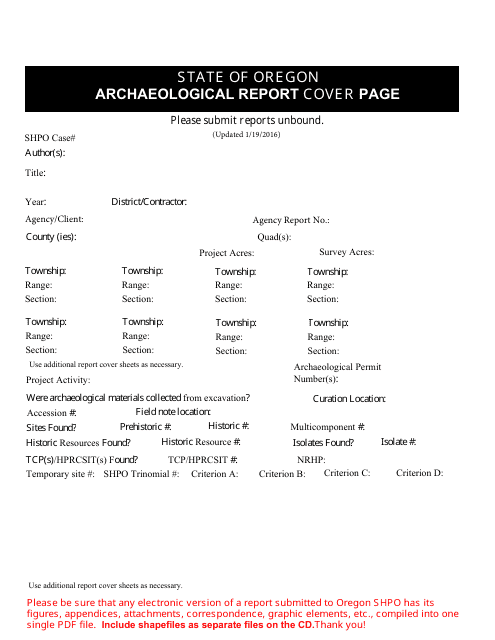 Archaeological Report Cover Page - Oregon Download Pdf