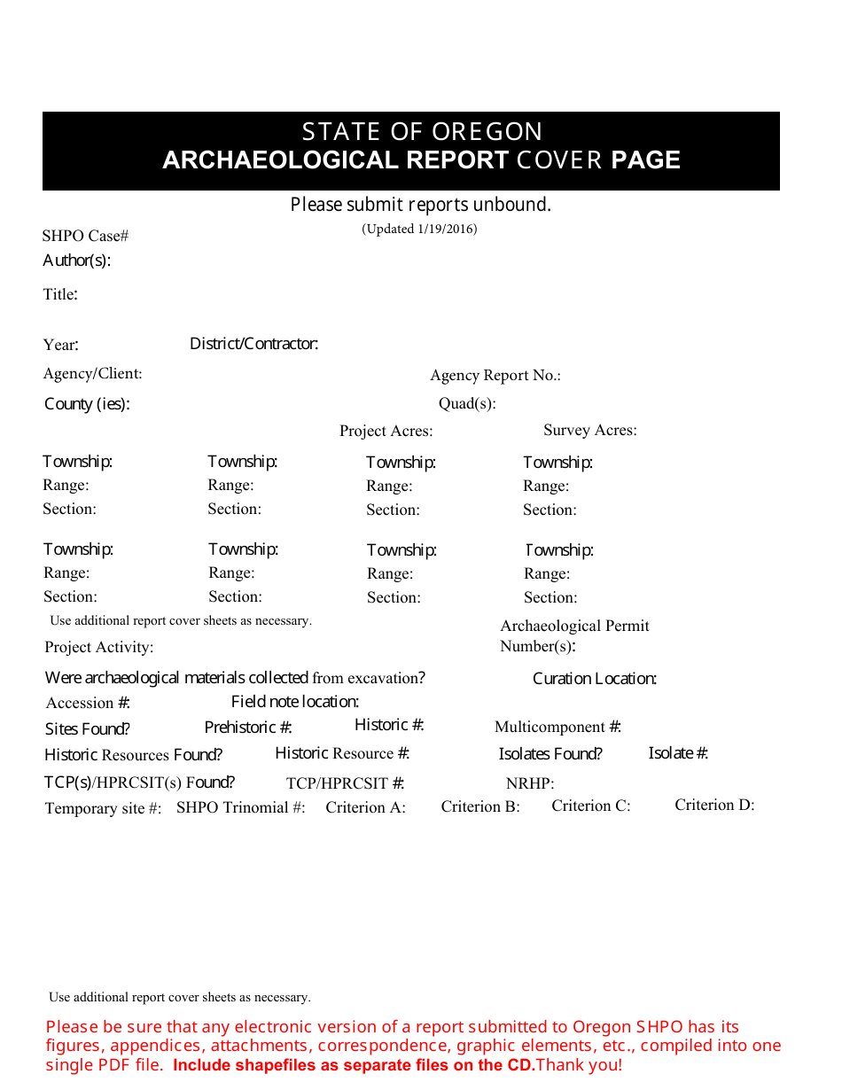Archaeological Report Cover Page - Oregon, Page 1