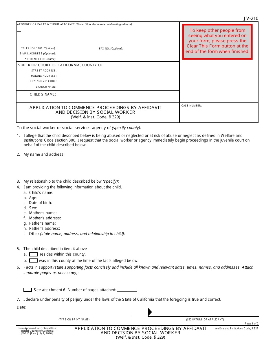 Form Jv 210 Download Fillable Pdf Or Fill Online Application To Commence Proceedings By Affidavit And Decision By Social Worker Welf Inst Code 329 California Templateroller