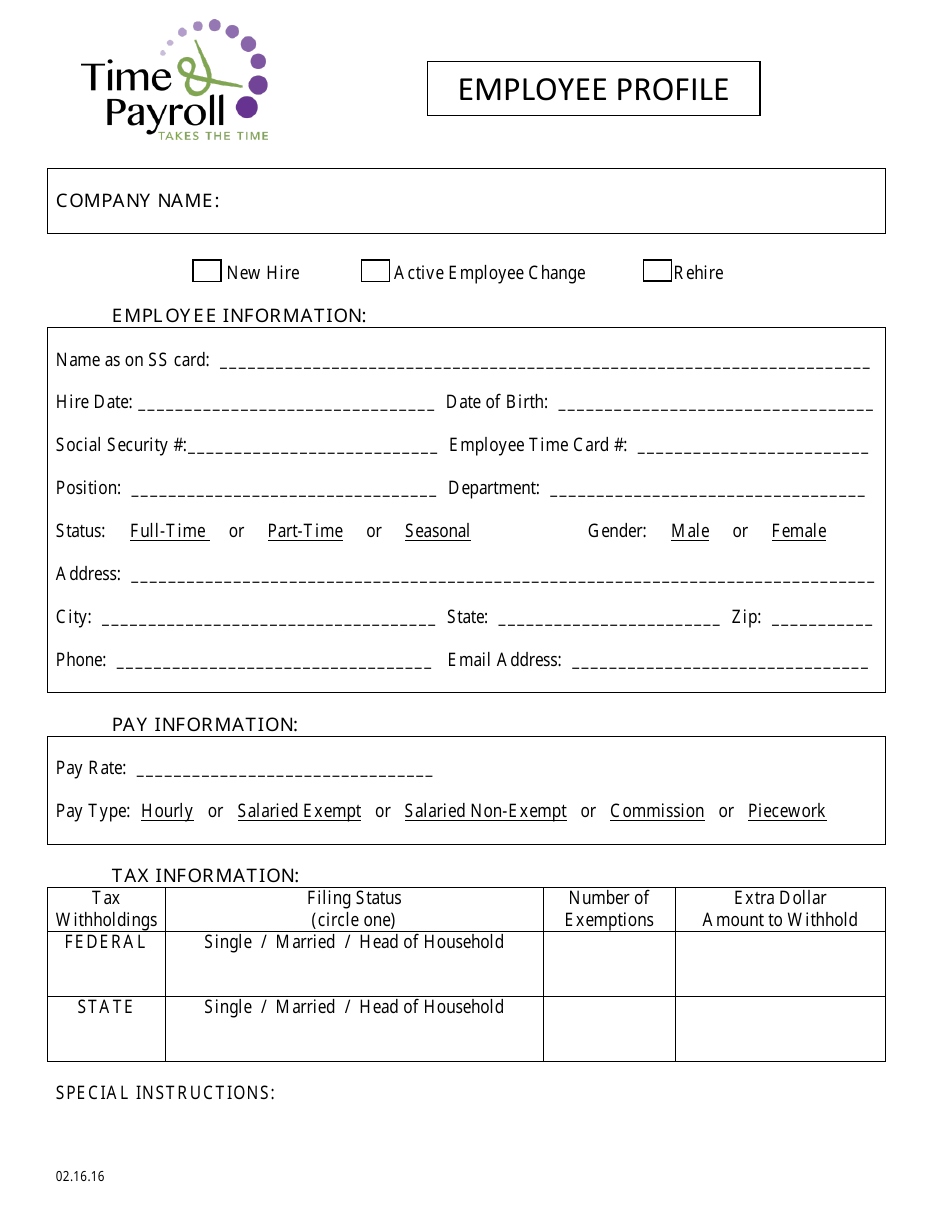 Employee Profile Form - Time and Payroll, Page 1