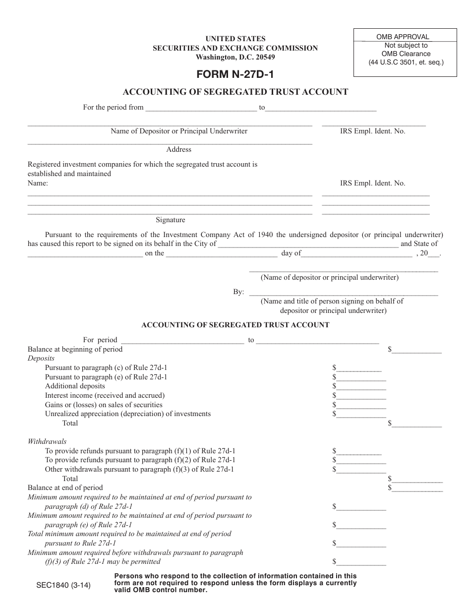 SEC Form 1840 (N-27D-1) Accounting of Segregated Trust Account, Page 1