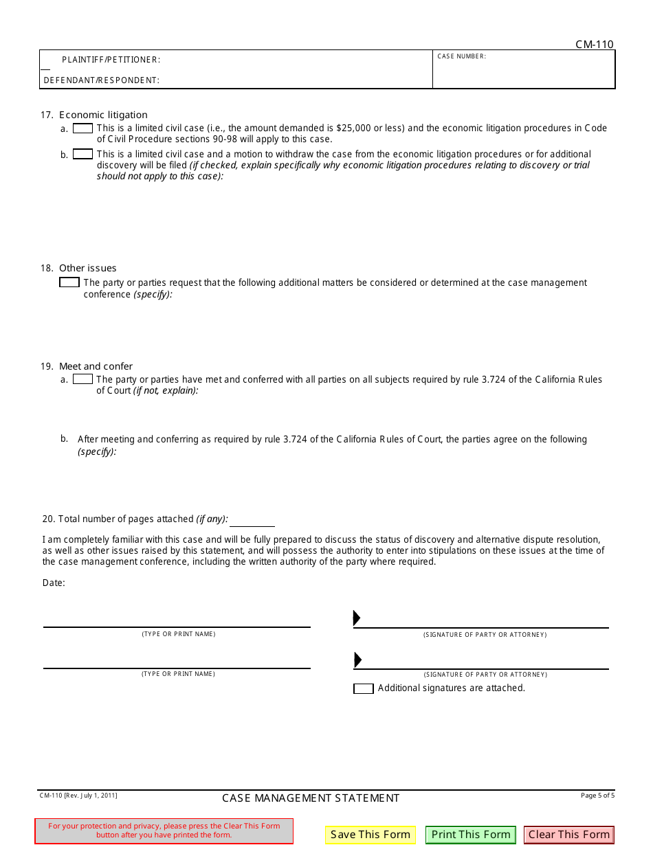 Form CM-110 Case Management Statement - California, Page 5