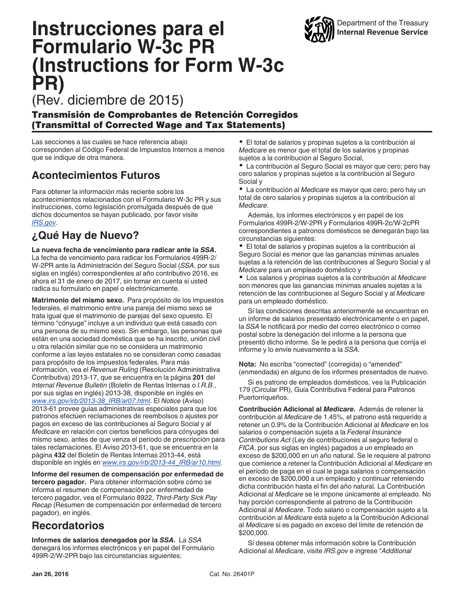 Instrucciones para IRS Formulario W-3C PR Transmision De Comprobantes De Retencion Corregidos (Puerto Rican Spanish), Page 1