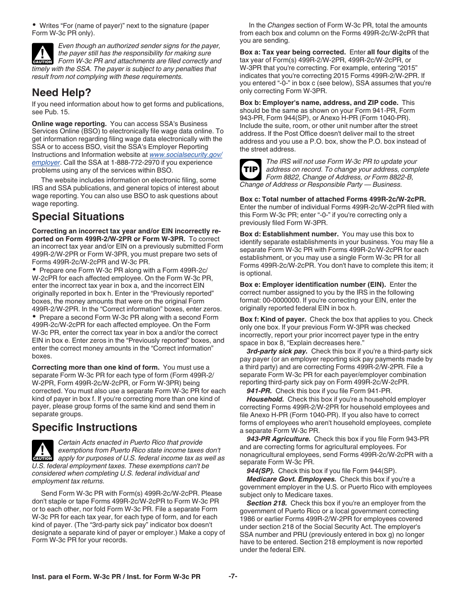 Instrucciones para IRS Formulario W-3C PR Transmision De Comprobantes De Retencion Corregidos (Puerto Rican Spanish), Page 7