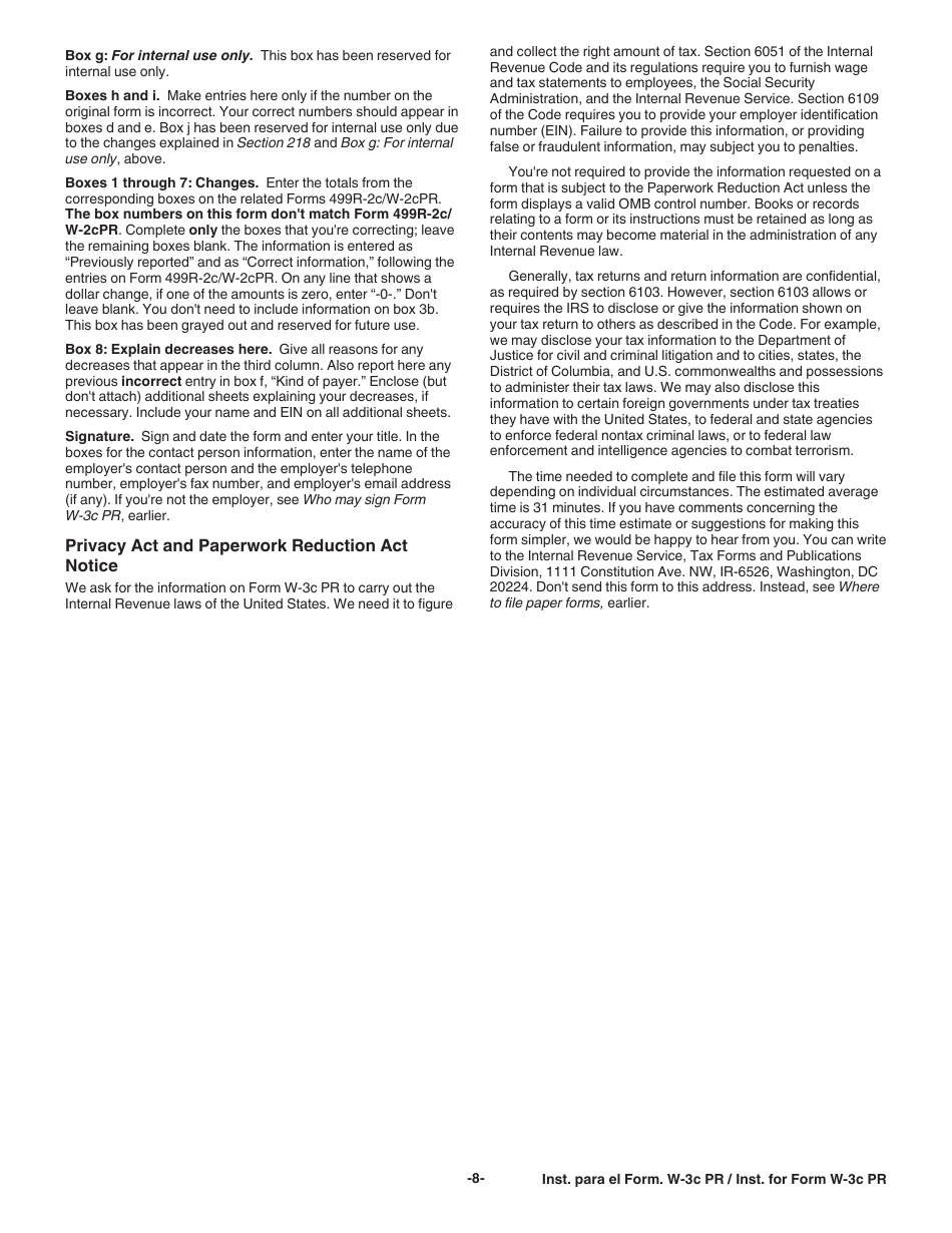 Instrucciones para IRS Formulario W-3C PR Transmision De Comprobantes De Retencion Corregidos (Puerto Rican Spanish), Page 8