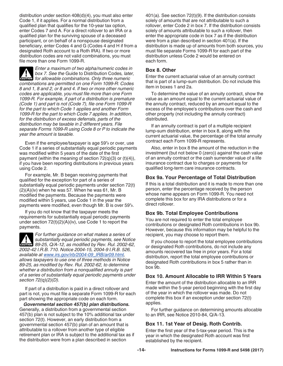 Instructions for IRS Form 1099-R, 5498 Distributions From Pensions, Annuities, Retirement or Profit-Sharing Plans, IRAs, Insurance Contracts, Etc. and Ira Contribution Information, Page 14