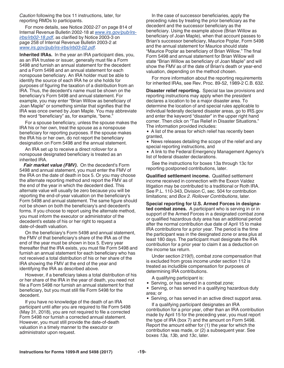 Instructions for IRS Form 1099-R, 5498 Distributions From Pensions, Annuities, Retirement or Profit-Sharing Plans, IRAs, Insurance Contracts, Etc. and Ira Contribution Information, Page 19