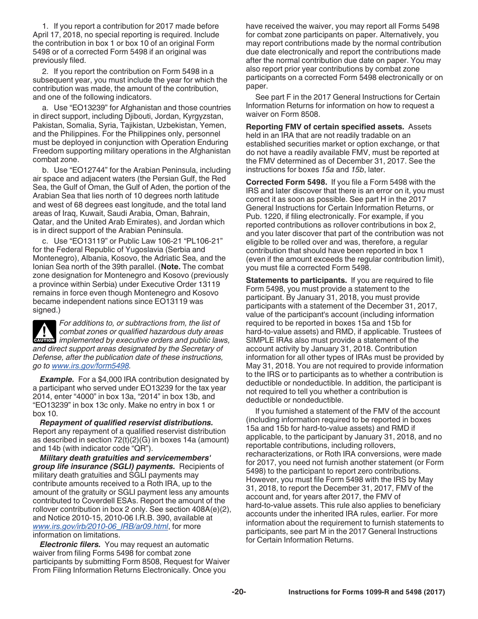 Instructions for IRS Form 1099-R, 5498 Distributions From Pensions, Annuities, Retirement or Profit-Sharing Plans, IRAs, Insurance Contracts, Etc. and Ira Contribution Information, Page 20