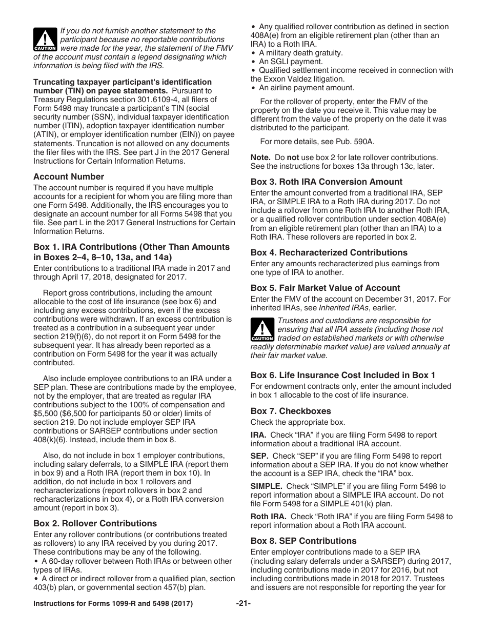 Instructions for IRS Form 1099-R, 5498 Distributions From Pensions, Annuities, Retirement or Profit-Sharing Plans, IRAs, Insurance Contracts, Etc. and Ira Contribution Information, Page 21