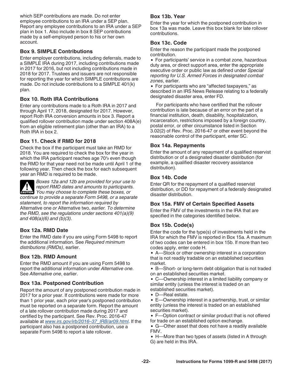 Instructions for IRS Form 1099-R, 5498 Distributions From Pensions, Annuities, Retirement or Profit-Sharing Plans, IRAs, Insurance Contracts, Etc. and Ira Contribution Information, Page 22