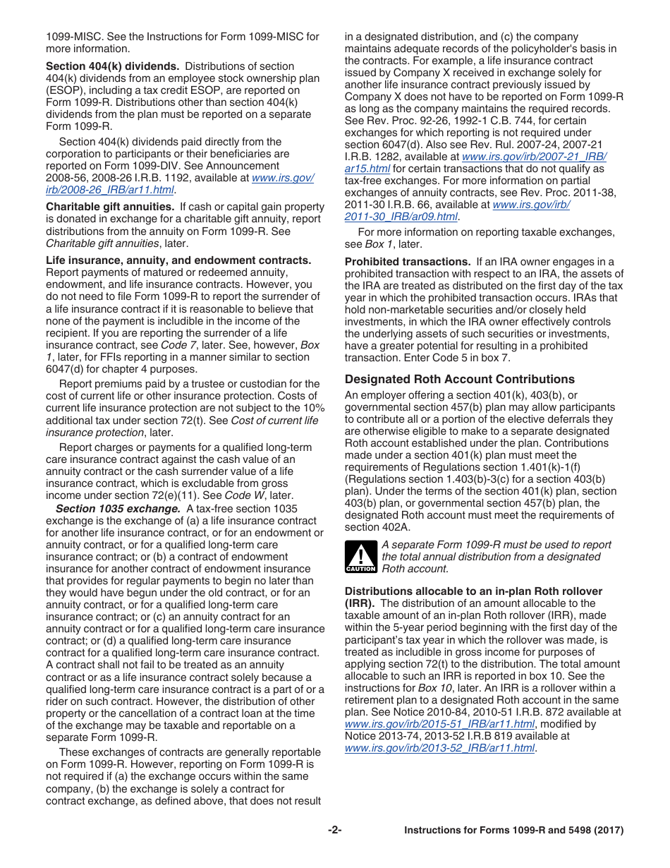 Instructions for IRS Form 1099-R, 5498 Distributions From Pensions, Annuities, Retirement or Profit-Sharing Plans, IRAs, Insurance Contracts, Etc. and Ira Contribution Information, Page 2