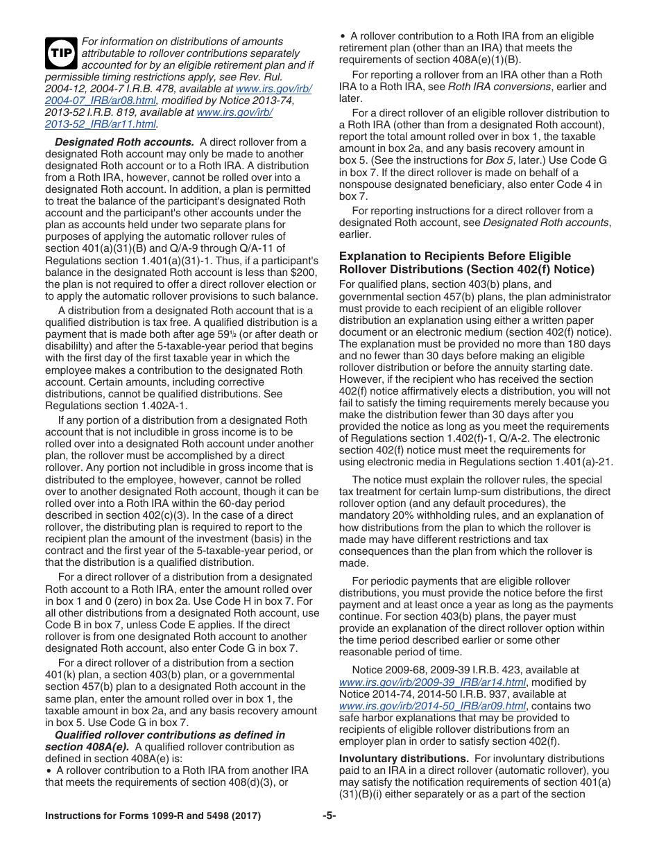 Instructions for IRS Form 1099-R, 5498 Distributions From Pensions, Annuities, Retirement or Profit-Sharing Plans, IRAs, Insurance Contracts, Etc. and Ira Contribution Information, Page 5