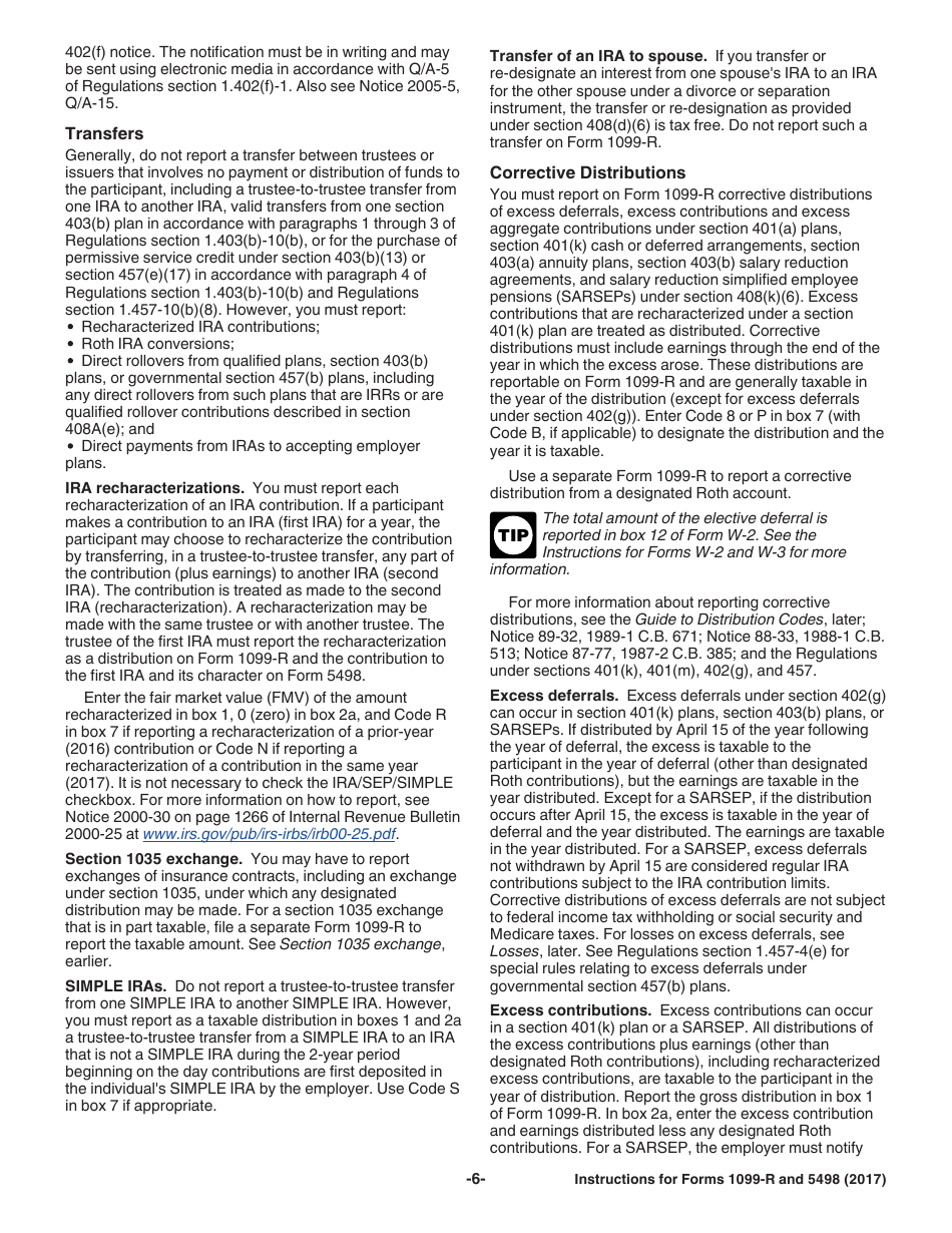 Instructions for IRS Form 1099-R, 5498 Distributions From Pensions, Annuities, Retirement or Profit-Sharing Plans, IRAs, Insurance Contracts, Etc. and Ira Contribution Information, Page 6