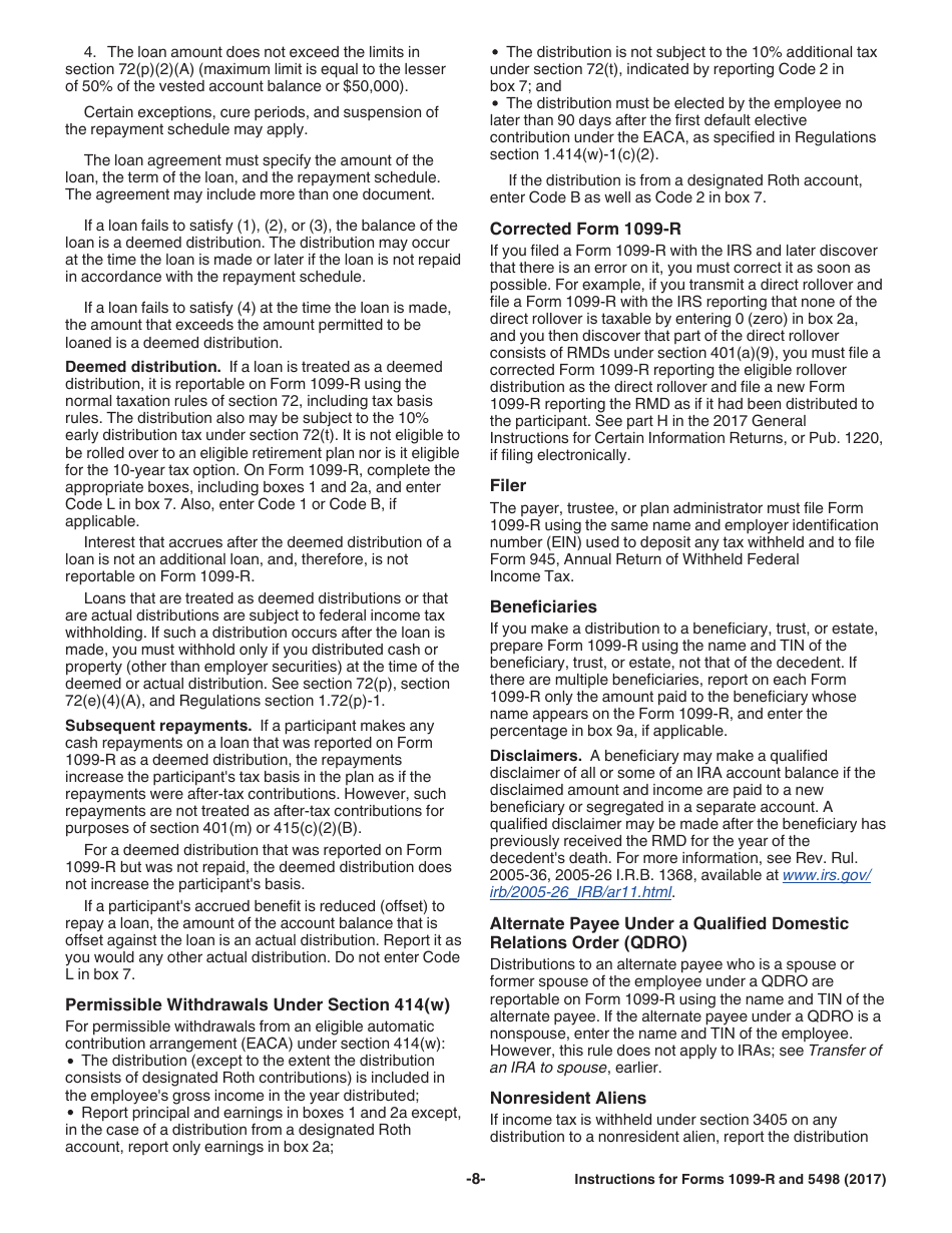 Instructions for IRS Form 1099-R, 5498 Distributions From Pensions, Annuities, Retirement or Profit-Sharing Plans, IRAs, Insurance Contracts, Etc. and Ira Contribution Information, Page 8