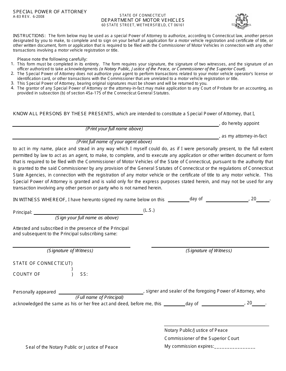 Form A-83 Special Power of Attorney - Connecticut, Page 1
