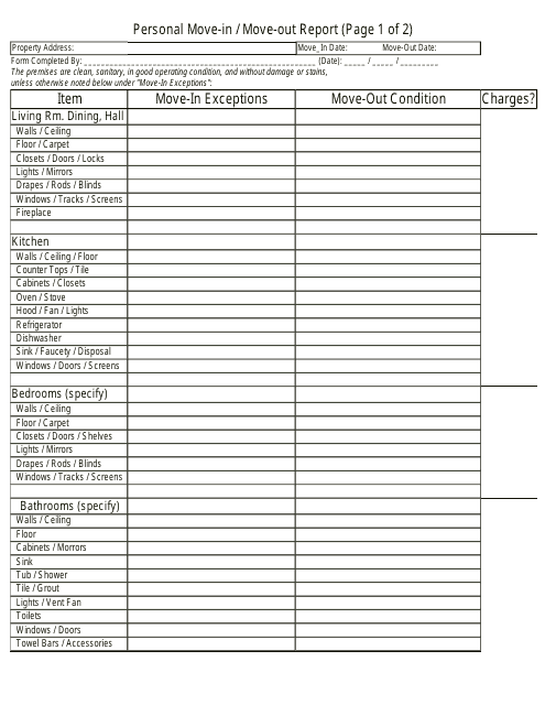 Personal Move in / Move out Report Form Download Pdf