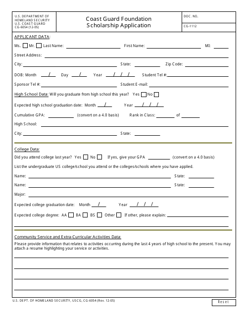 Form CG-6054 Coast Guard Foundation Scholarship Application