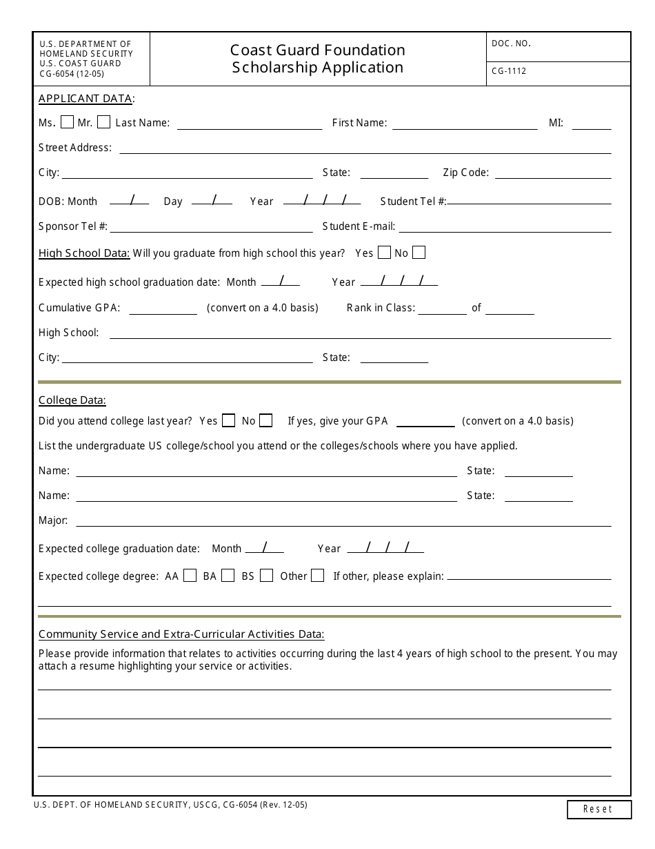 Form CG-6054 Coast Guard Foundation Scholarship Application, Page 1