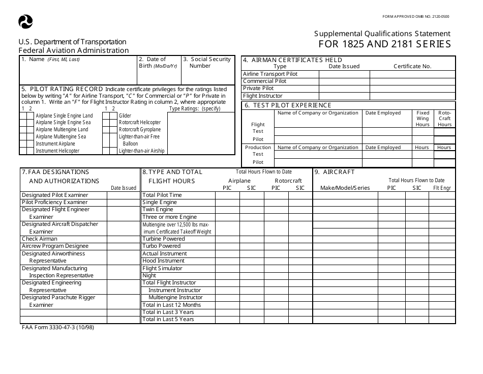 FAA Form 3330-47-3 Supplemental Qualifications Statement or 1825 and 2181 Series, Page 1