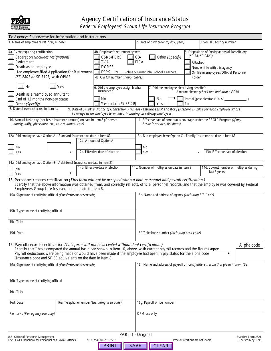 Form SF-2821 Agency Certification of Insurance Status, Page 1