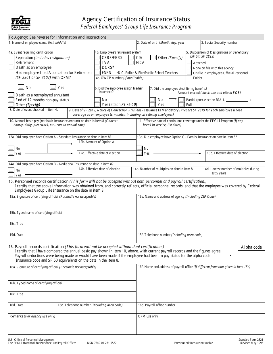 Form SF-2821 Agency Certification of Insurance Status, Page 3