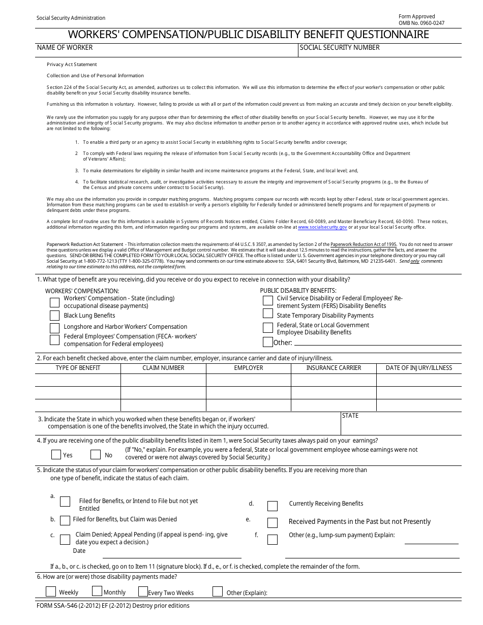 Form SSA-546 Workers Compensation / Public Disability Benefit Questionnaire, Page 1