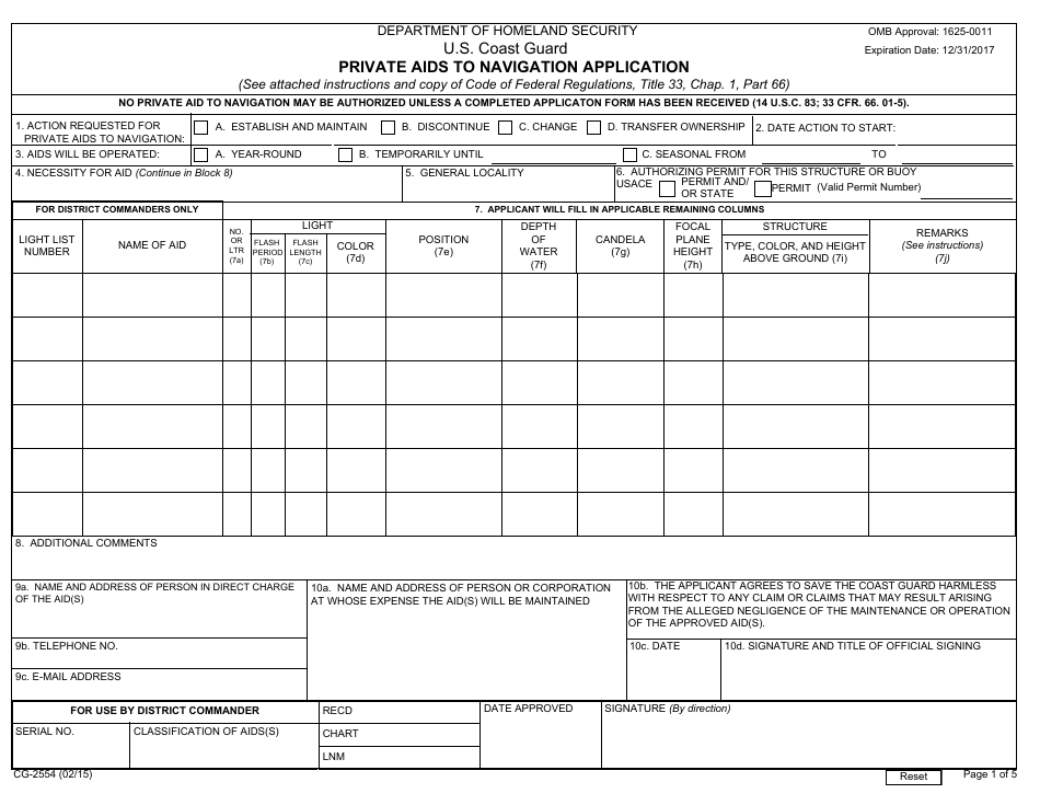 Form CG-2554 Private AIDS to Navigation Application, Page 1