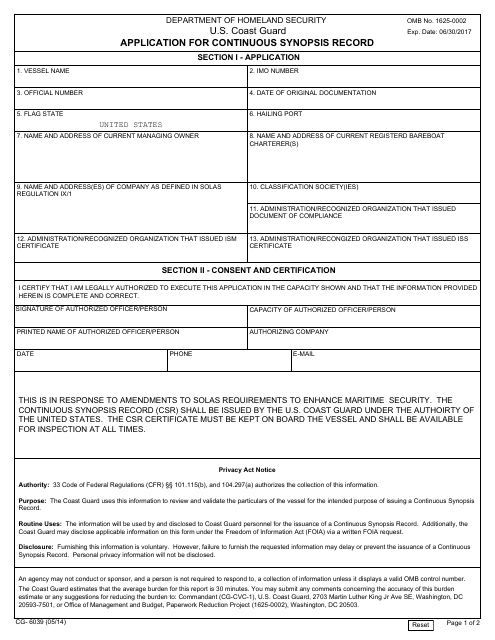 Form CG-6039 Application for Continious Synopsis Record