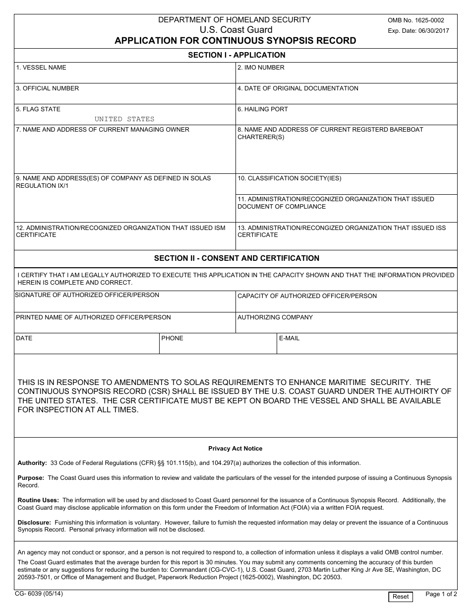 Form CG-6039 Application for Continious Synopsis Record, Page 1