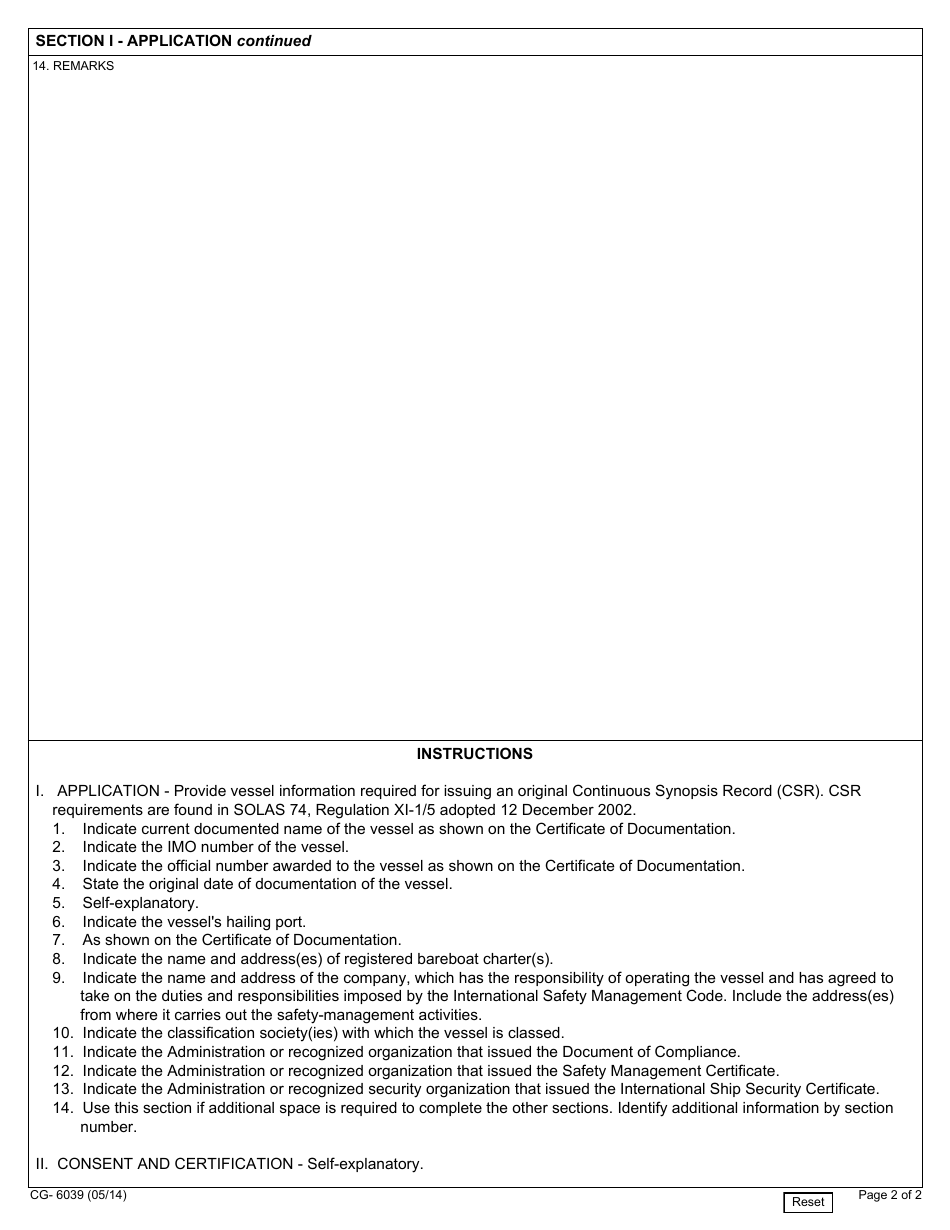 Form CG-6039 Application for Continious Synopsis Record, Page 2