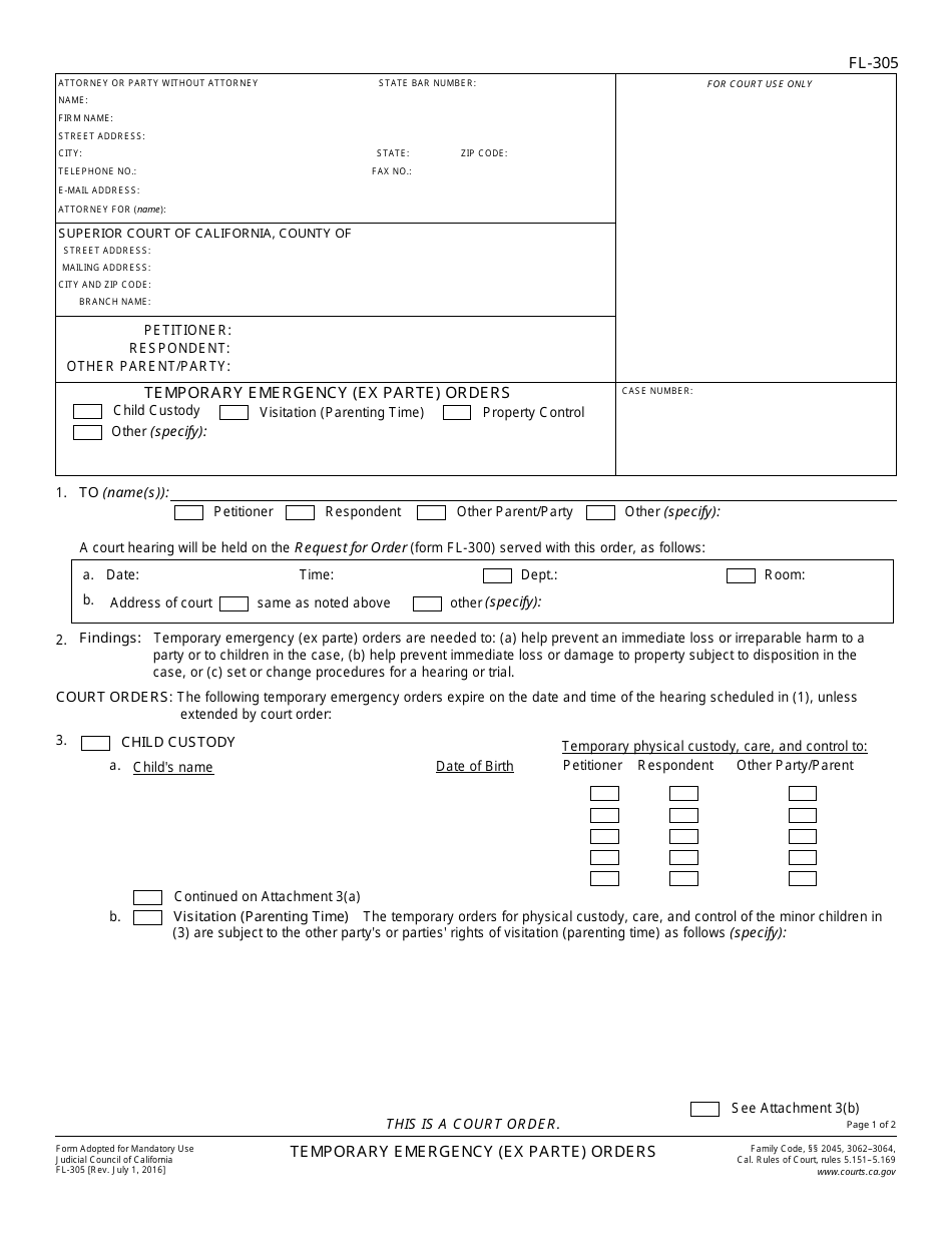 Form FL-305 Temporary Emergency (Ex Parte) Orders - California, Page 1